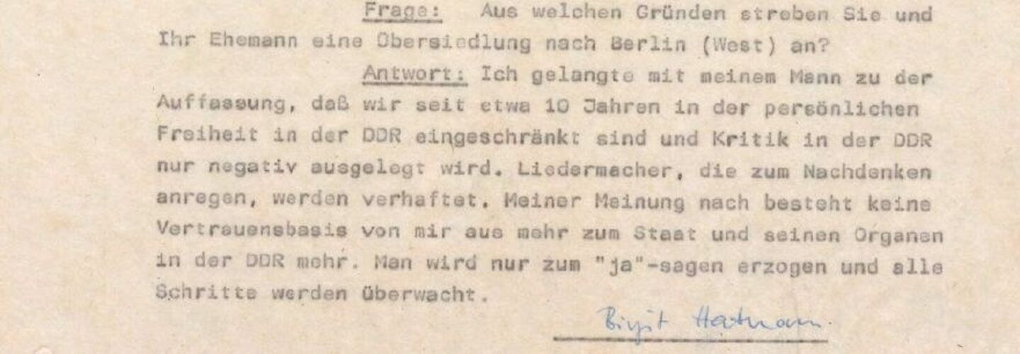 Ein Aktenauschnitt. Zu sehen ist eine Frage aus einem Stasi-Verhör.